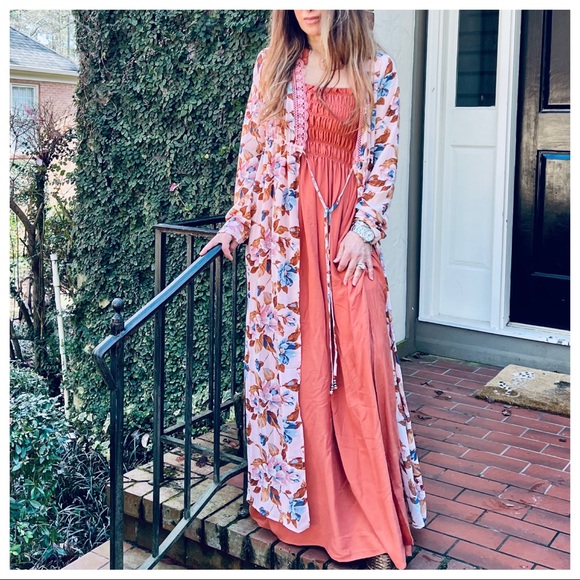 Boho Floral Maxi Length Kimono Duster Dress - Picture 4 of 5